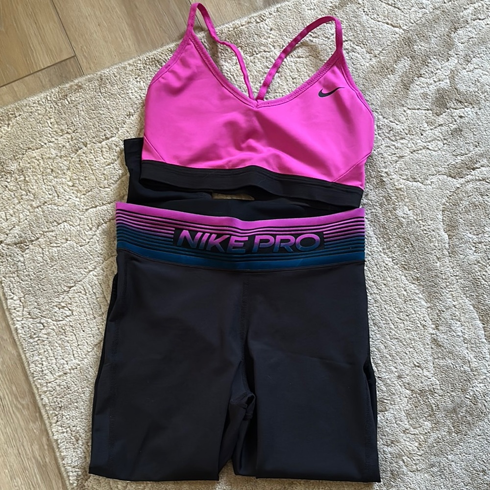 Nike Pro Pink Sports Bra and Black Pro Leggings Set